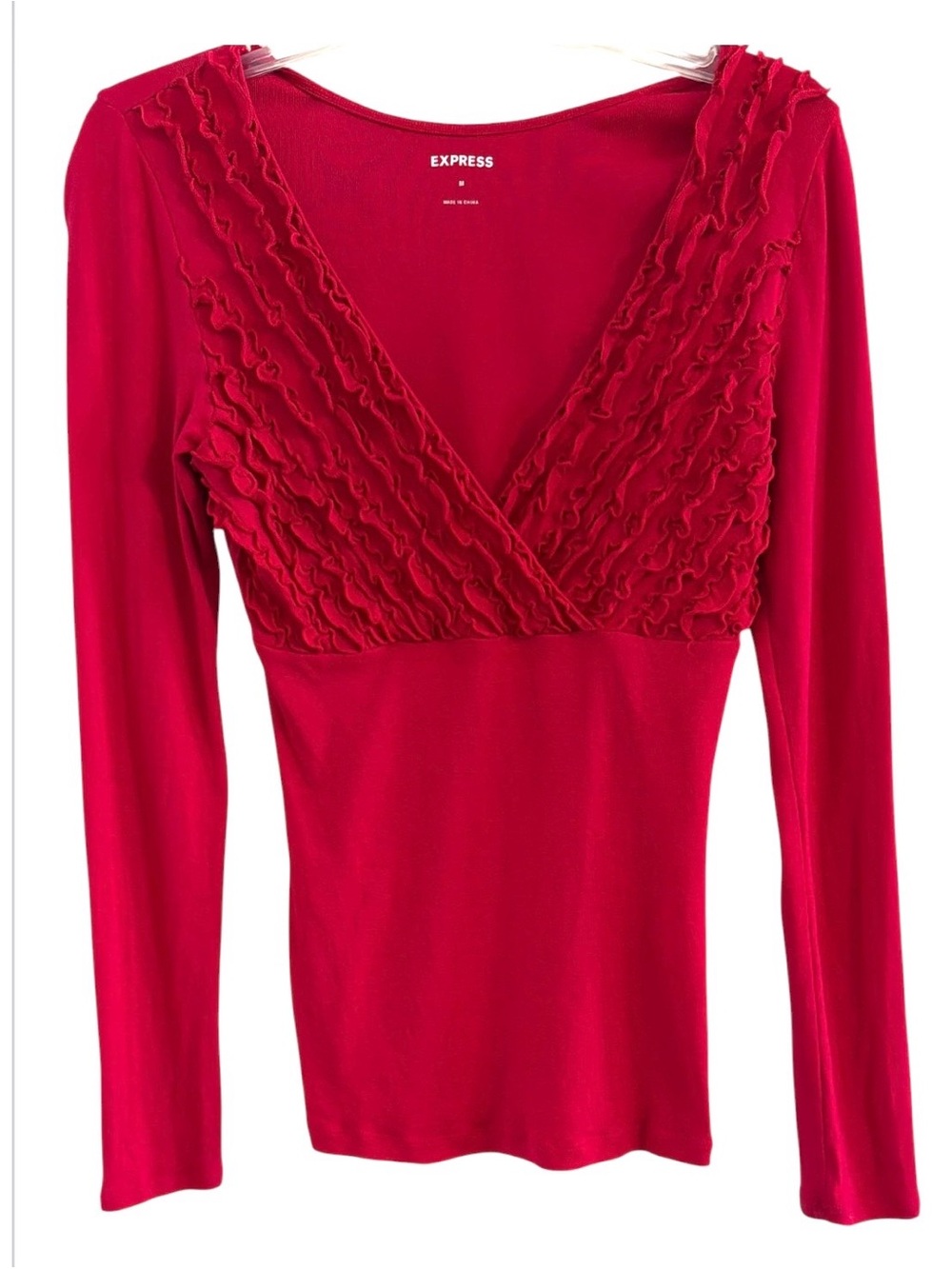 Express Fuchsia Hot Pink Tiered Ruffle Surplice V-Neck Long Sleeve Top M